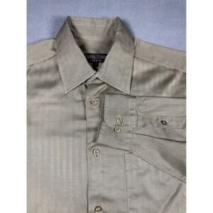 Harry Rosen Mens Dress Shirt M Taupe Olive Herringbone 100% Cotton Made in Italy